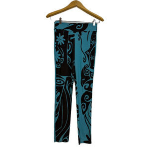 Wahine Toa Hawaiian Pants Womens XS Blue Black Floral Pull On Modal Legging